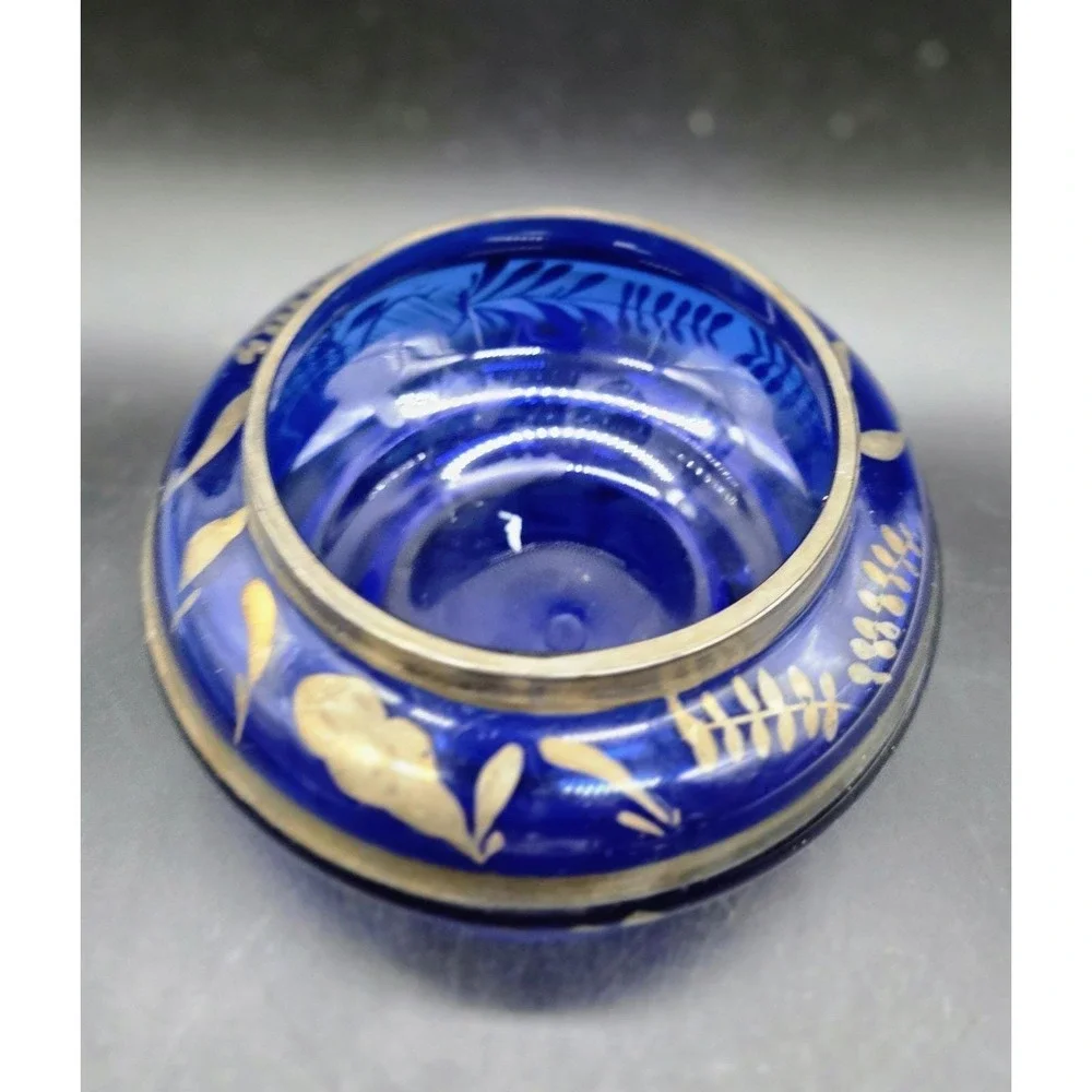 Vintage Cobalt Blue Italian Art Glass Silver Overlay Candy Dish Bowl 6